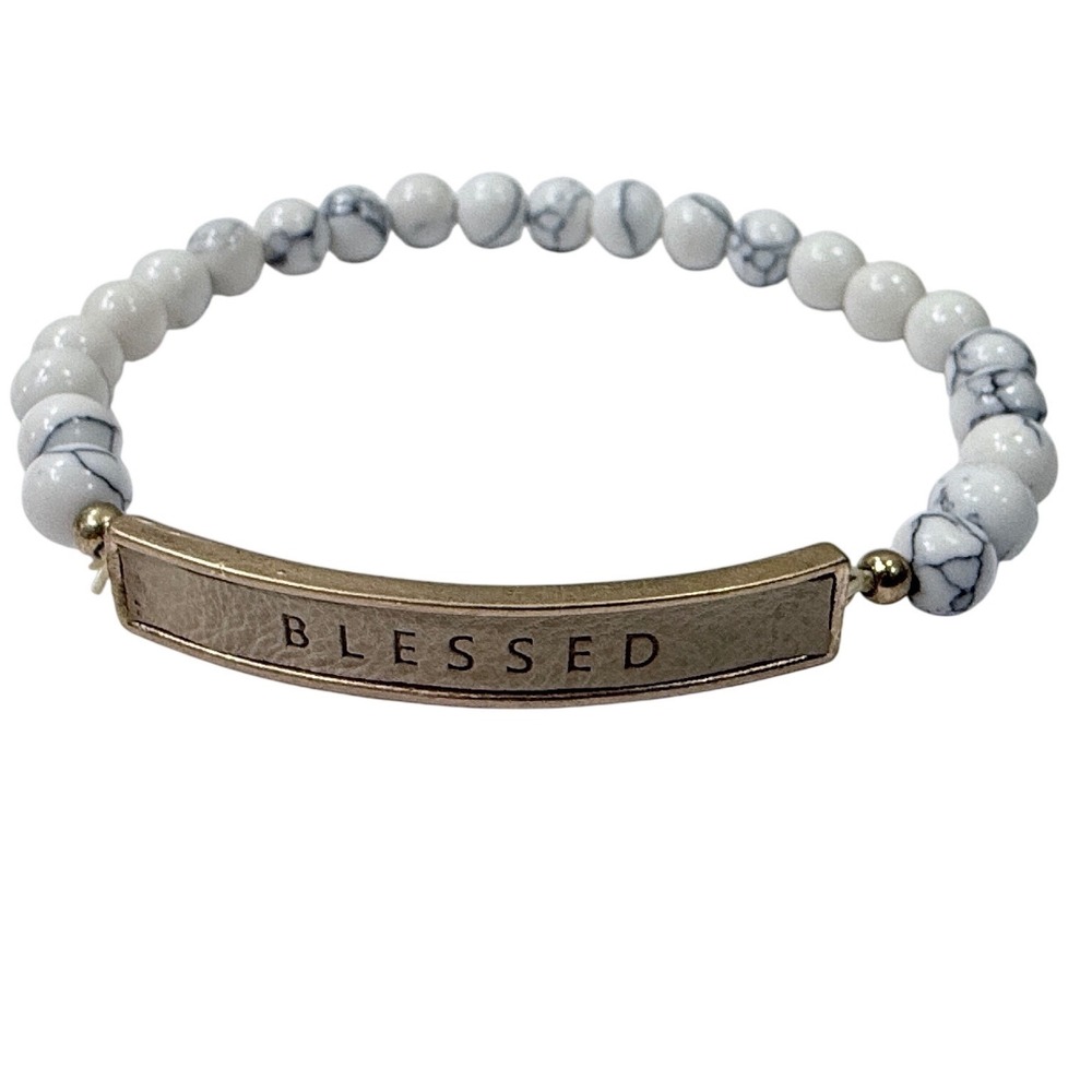 Blessed Gold Bar Stretch Beaded‎ Bracelet White Black Jewelry